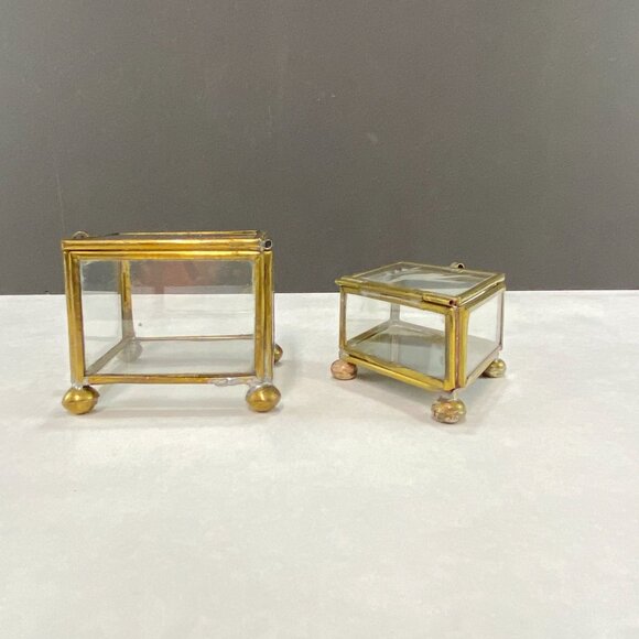 Vintage Leaded Glass Brass Trinket Boxes Lot of 2 - Picture 6 of 12